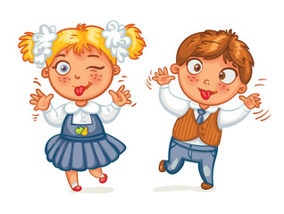 Boys and girls grimace at the camera. Funny cartoon character. Vector illustration. Isolated on white background