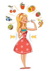 Slim girl eating cereals. Funny cartoon character