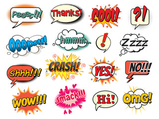 Cool, smack, oops, wow, thanks, yes, no, hi, crash, omg, hmm, psst, shh! Bubble template for comics. Pop art comics style. Vector illustration. Isolated on white background