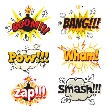 Boom, Bang, Pow, Wham, Zap, Smash! Bubble template for comics. Pop art comics style. Vector illustration. Isolated on white background