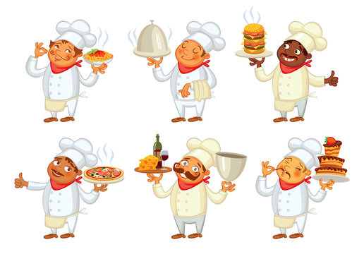 Chef serving the dish. Funny cartoon character