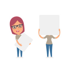 Funny Character Girl Designer holds and interacts with blank for