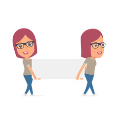 Funny Character Girl Designer holds and interacts with blank for