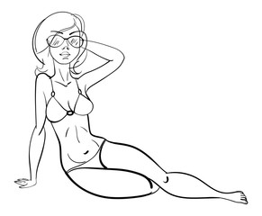 Beautiful girl sunbathing on the beach. Funny cartoon character. Vector illustration. Coloring book. Black and white