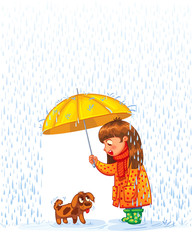 The girl under an umbrella with a small homeless puppy. Protect pet from autumn rain. Funny cartoon character. Vector illustration. Isolated on white background