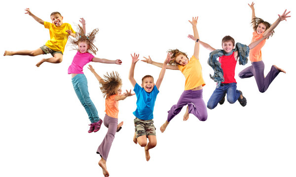 group of happy cheerful sportive children jumping and dancing