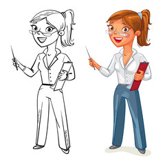 Fototapeta premium Business woman stands at the blackboard. Funny cartoon character. Vector illustration. Isolated on white background. Coloring book. Color and black and white image