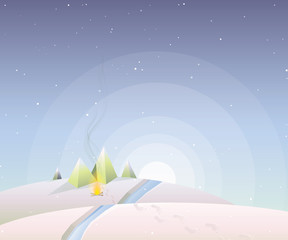 Snowy winter landscape vector illustration in minimal contemporary polygonal design. Hill tops covered with snow, green trees and blue river. Night scenery with camping fire.