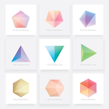 Colorful collection set of soft mesh facet crystal gem logo designs or web elements. Pentagonal, triangular and hexagonal polygon shapes.
