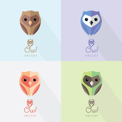 set of colorful flat design abstract owl logo marks and illustrations for business visual identity