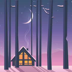 Beautiful tranquil winter landscape scenery with modern warm wooden cabin in a middle of a tall forest trees on a calm cold night