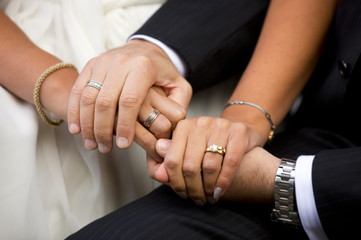 Жених и невеста/молодожены держатся за руки
