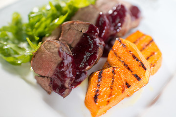 dish with beef sauce and vegetables