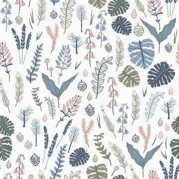 Trendy vector seamless pattern with forest plants, leaves, seeds and cones.
