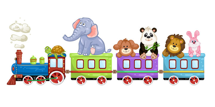 Cute  animals with train over white background.