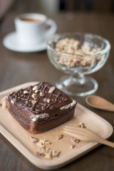 cake on the wood desk in coffee shop