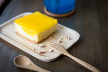 cake on the wood desk in coffee shop