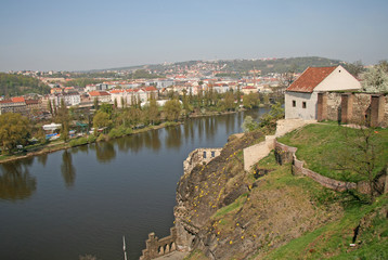 Fototapeta na wymiar PRAGUE, CZECH REPUBLIC - APRIL 25, 2010: View on Vltava river in Prague from Vysehrad hills