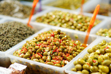 Assorted olives on farmer's market in Italy