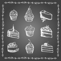 Chalk desserts and bakery products set.