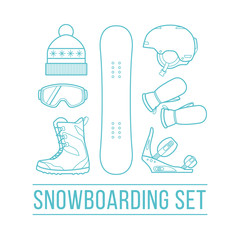 Basic equipment for snowboarding. Set of snowboarding icons.