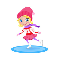 Girl skating on the rink. Winter vector cartoon character.