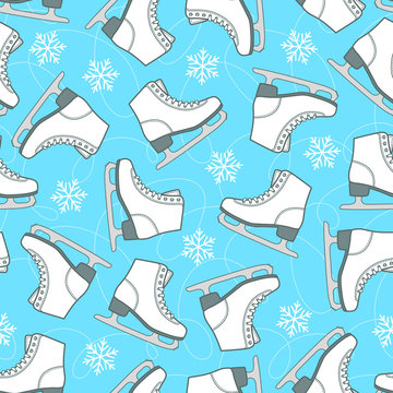 Seamless pattern of figure skates and snowflakes on the rink.