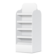 White POS POI Cardboard Blank Empty Displays With Shelves Products On White Background Isolated. Ready For Your Design. Product Packing. Vector EPS10 