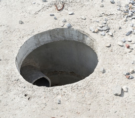 Manhole without cover in new concrete block
