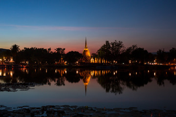 An ancient temple called Wat (temple) Sa Si that was built about 700 years ago, and surrounded by lagoons. The temple is part of the Sukhothai Historical Park, which is now a World Heritage site.