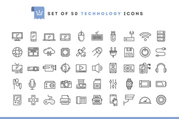 Set of 50 technology icons, thin line style
