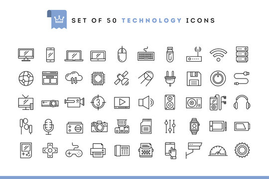 Set Of 50 Technology Icons, Thin Line Style