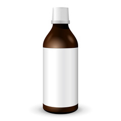 Tall Medical Or Alcohol Glass Brown Bottle On White Background Isolated. Ready For Your Design. Product Packing. Vector EPS10