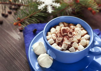 Mug of hot chocolate with marshmallows, fir tree branch on wooden background