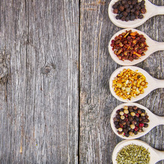 Spices on wooden spoons