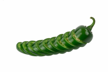 Single Sliced Green Jalapeno stacked in pepper shape isolated on white.