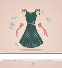 Fashion card with dress. Retro fashion illustration.