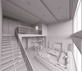 3D Interior rendering of a modern tiny loft