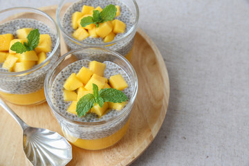 Homemade Chia seed pudding with mango, selective focus
