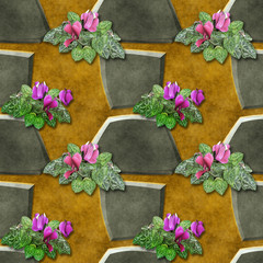 Seamless relief pattern of gray stones and pink flowers