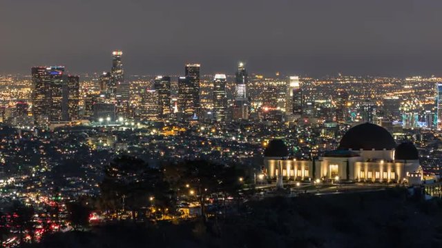 Downtown Los Angeles and Griffith Park Dusk to Night Time Lapse with Zoom Out