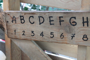 Partial Alphabet and numbers on wooden sign