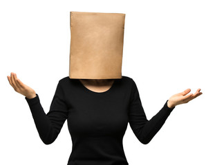 young woman covering his head using a paper bag.