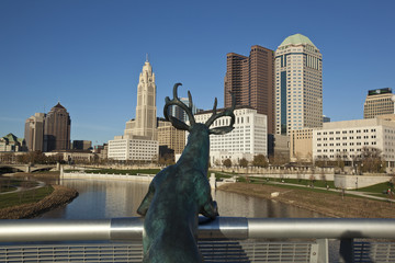 COLUMBUS, OHIO - OCTOBER 25, 2015:  The iconic deer statue stands on the Rich Street Bridge gazing...
