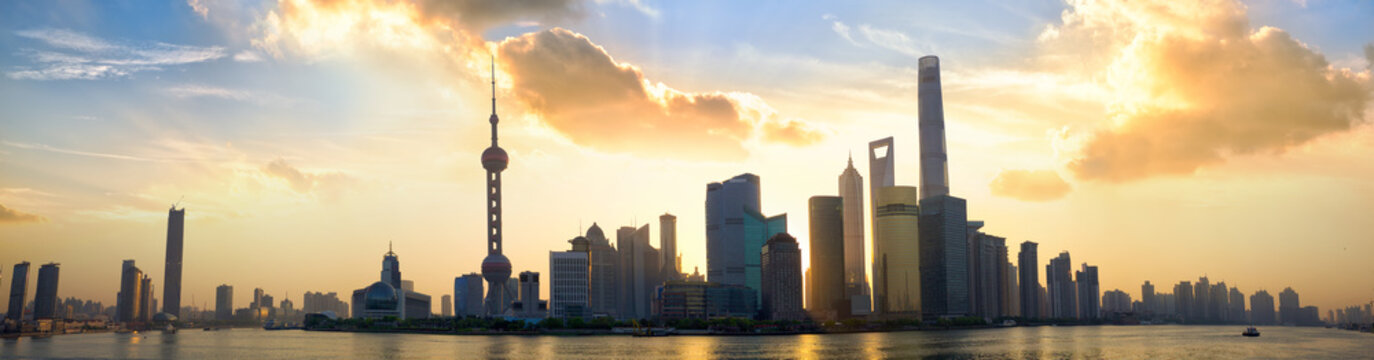 Shanghai Pudong skyline panorama at sunrise, China
