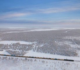 Railway with freight train in winter, top view