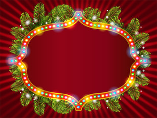 Happy new year 2016 light frame with christmas decorations, and garland. Fir tree background with place for text. Vector illustration