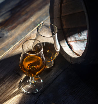 Whisky and brandy and oak barrel