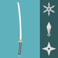 Vector katana sword and ninja weapons, shuriken, flat design