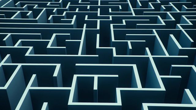 Flying over an endless maze with a cold color palette.
